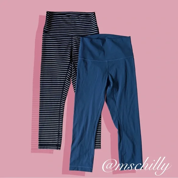 Lot of Lululemon Wunder Under Crop High Rise 21" Stripe Black White Blue Sz 4 - Picture 1 of 12